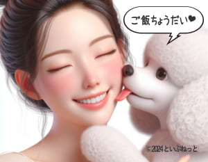 欲求・要求を表して人の顔を舐めているトイプードル